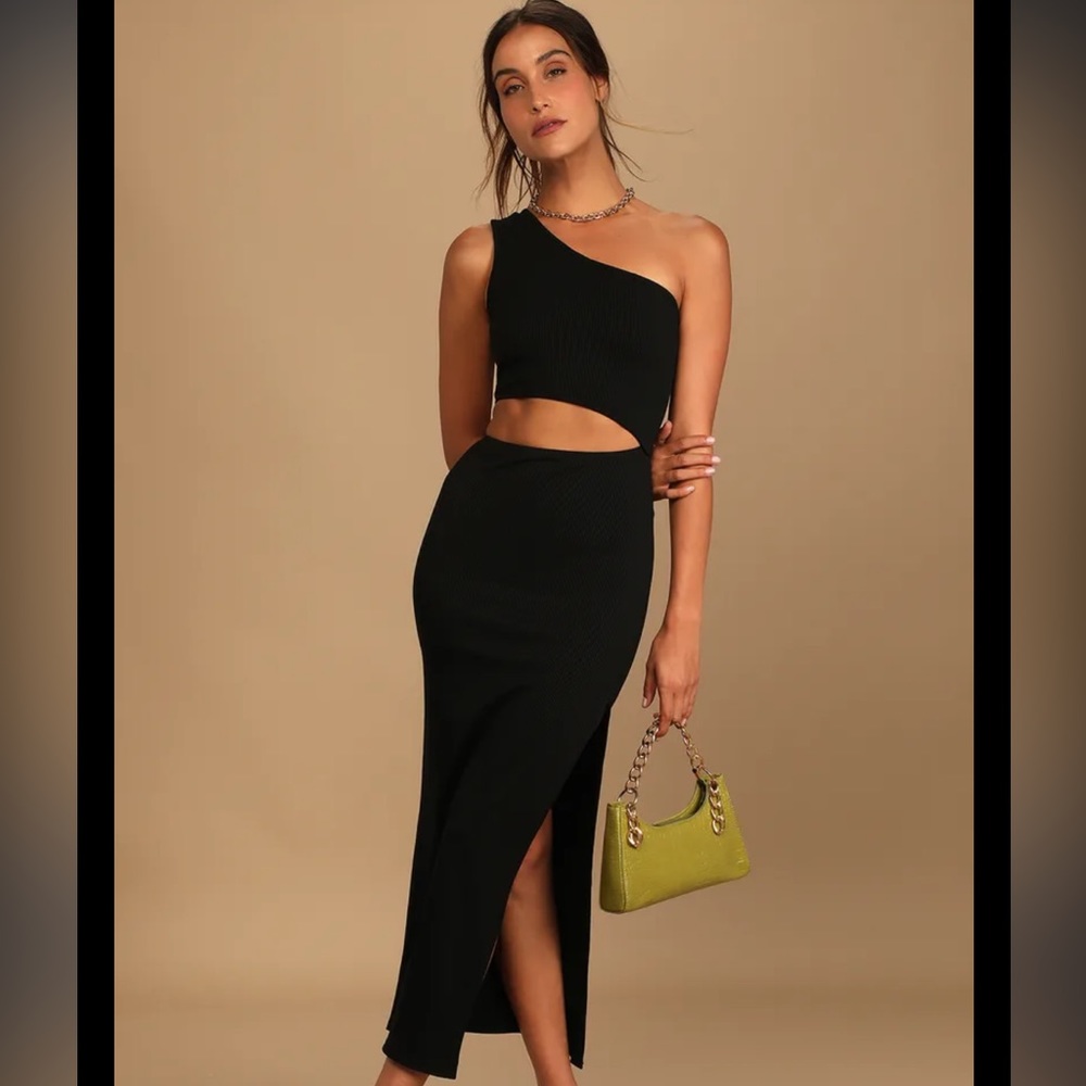 Lulus Spice Things Up Ribbed One-Shoulder Cutout Midi Dress-black